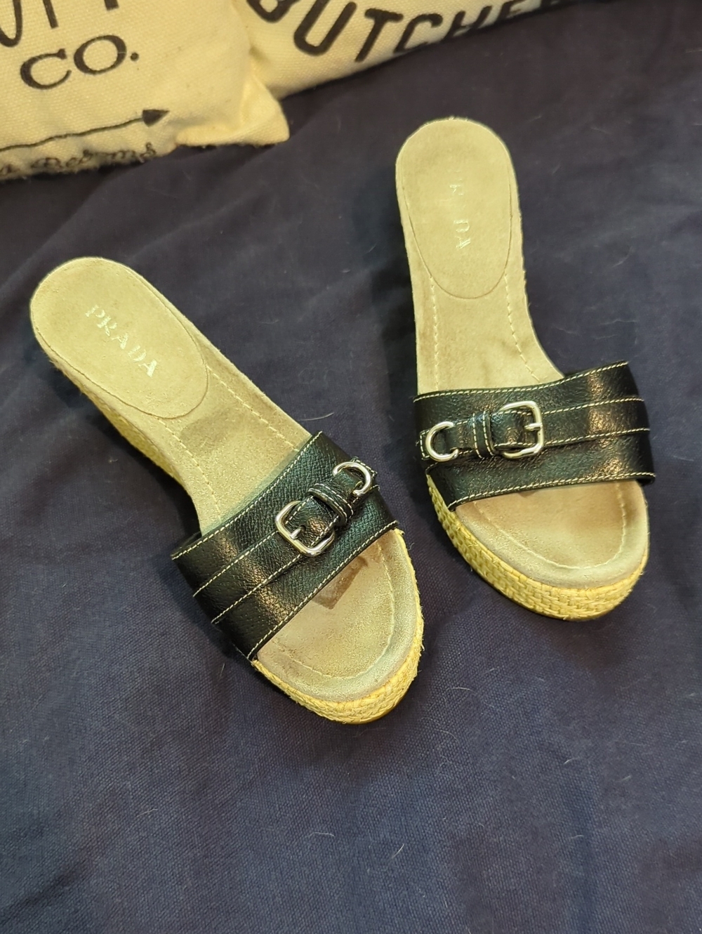 Authentic Prada Black Leather Espadrille Slide Wedges Size 37 Euro